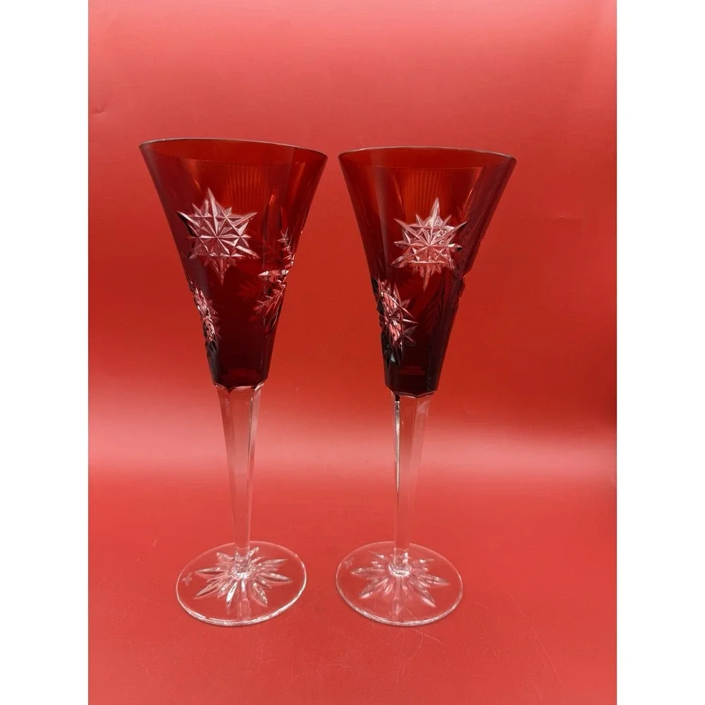 Set Of 2 Waterford Crystal Joy Ruby Red Champagne Flutes 9.25